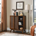 Buffet Bahut Rotin Moderne Milieu de Siècle, Buffet, Étagère Réglable & Pieds en Bois Massif & Portes de Placard en Rotin