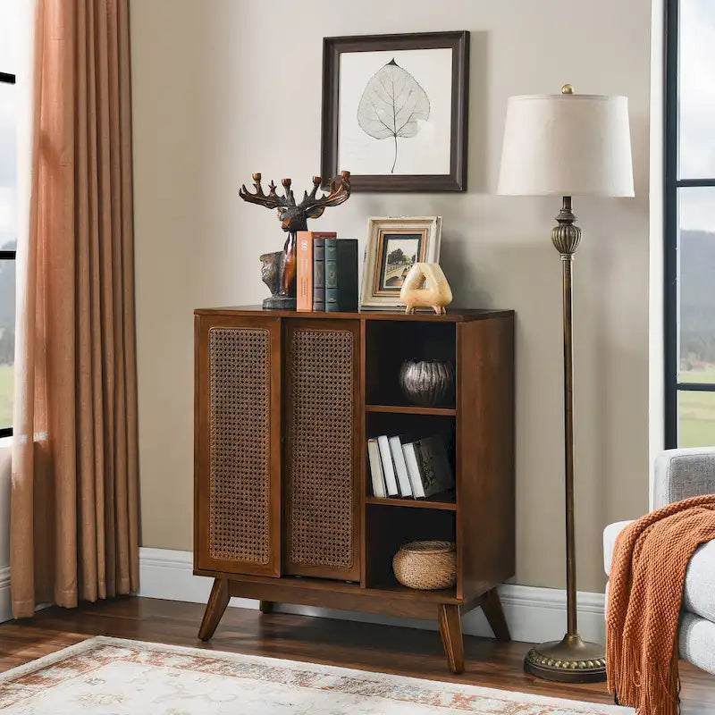 Mid Century Modern Rattan Sideboard Cabinet, Buffet Cabinet, Adjustable Shelf & Solid Wood Feet & Rattan Cabinet Doors