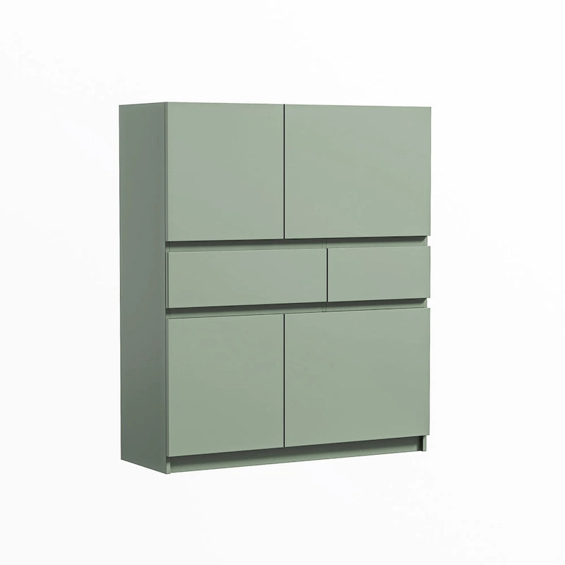 Armoire de rangement verte en bois avec 4 portes et 2 tiroirs