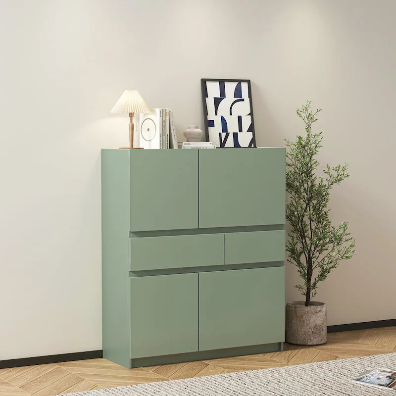 Armoire de rangement verte en bois avec 4 portes et 2 tiroirs