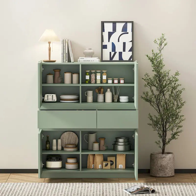 Armoire de rangement verte en bois avec 4 portes et 2 tiroirs