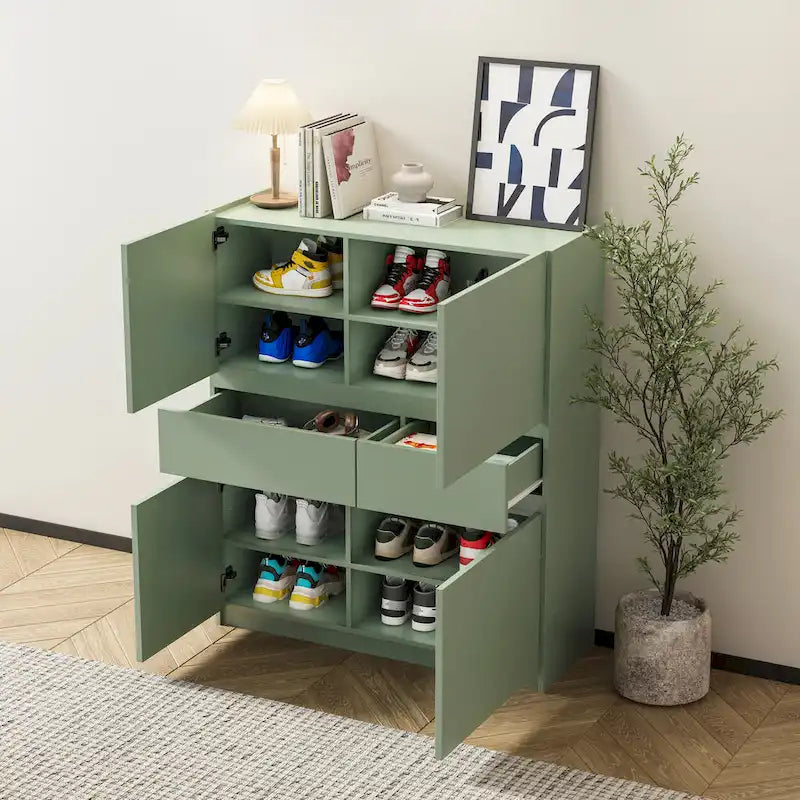 Armoire de rangement verte en bois avec 4 portes et 2 tiroirs