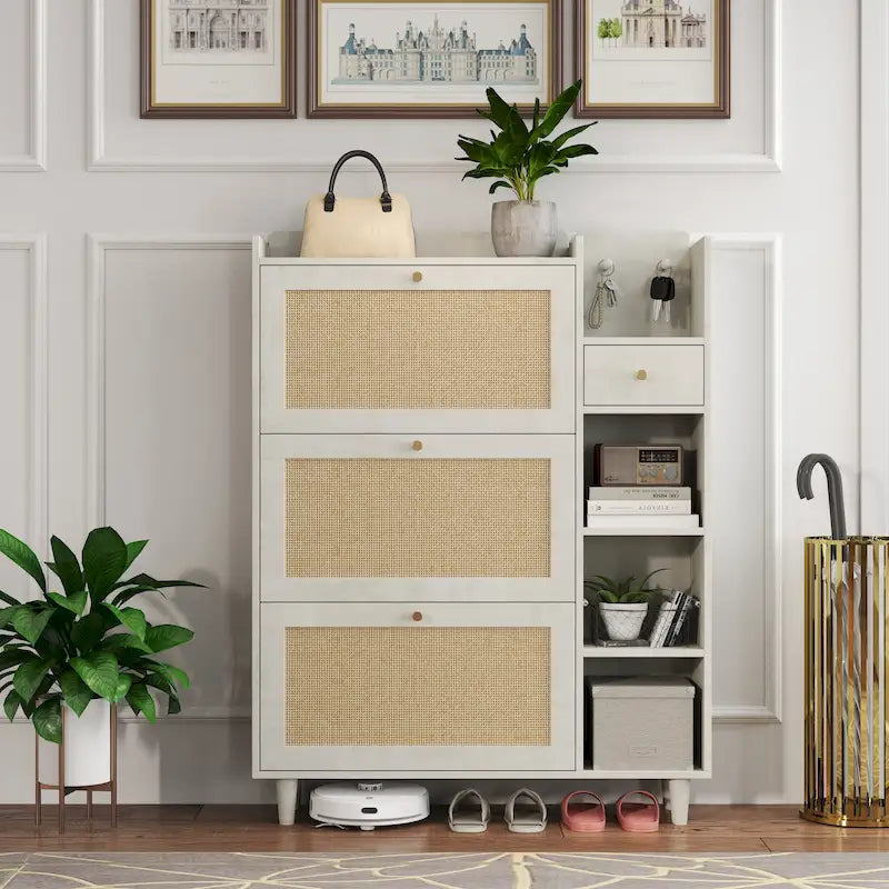 Meuble à chaussures style, meuble de rangement à chaussures avec 3 tiroirs basculants en rotin, 3 étagères carrées et 1 tiroir de rangement