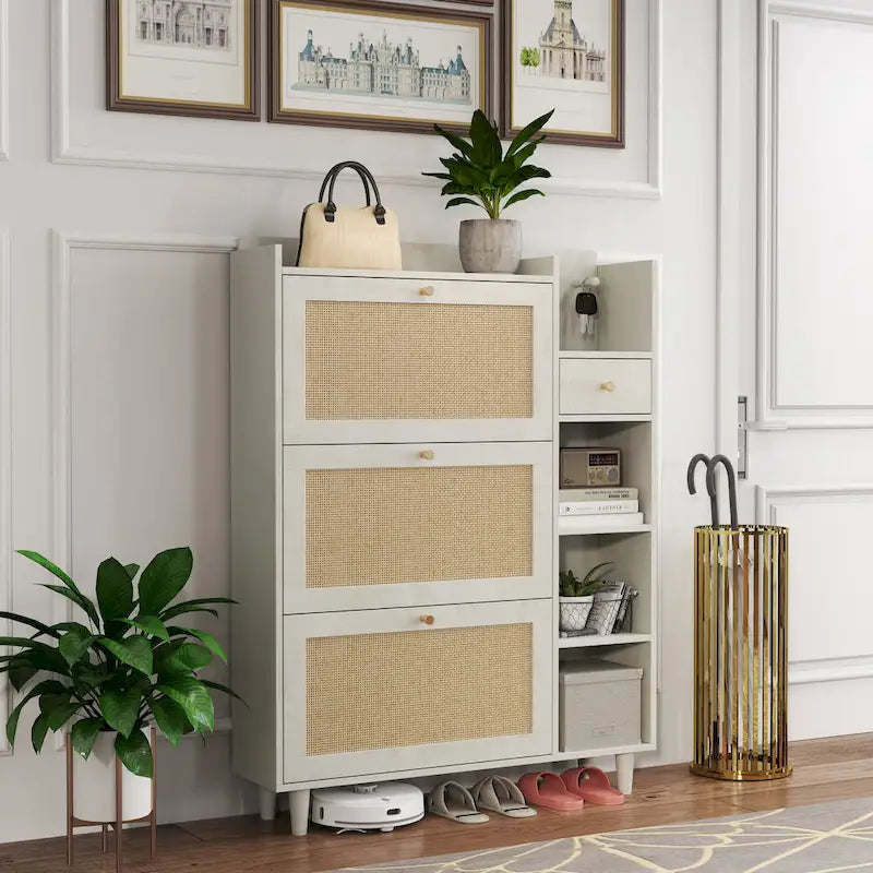 Meuble à chaussures style, meuble de rangement à chaussures avec 3 tiroirs basculants en rotin, 3 étagères carrées et 1 tiroir de rangement