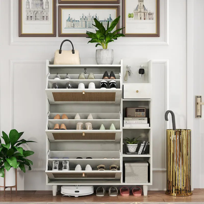 Meuble à chaussures style, meuble de rangement à chaussures avec 3 tiroirs basculants en rotin, 3 étagères carrées et 1 tiroir de rangement