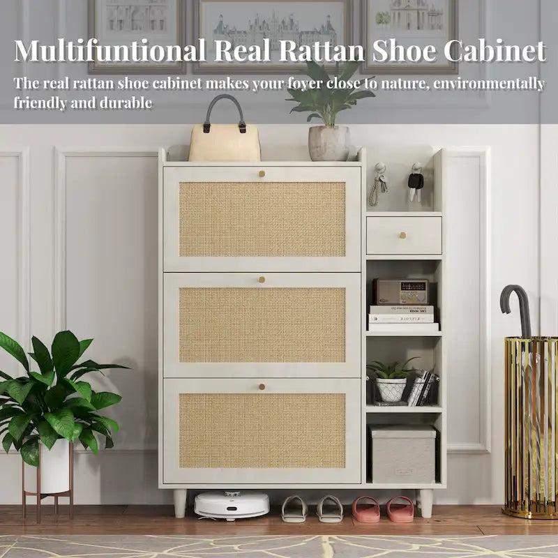 Meuble à chaussures style, meuble de rangement à chaussures avec 3 tiroirs basculants en rotin, 3 étagères carrées et 1 tiroir de rangement