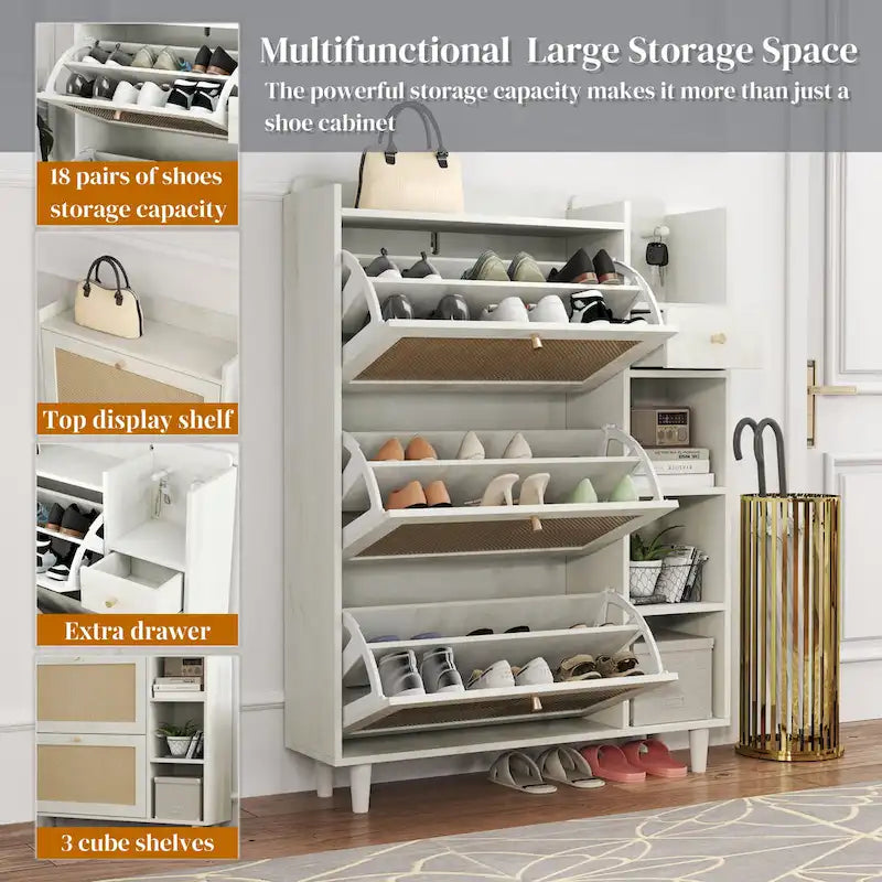 Meuble à chaussures style, meuble de rangement à chaussures avec 3 tiroirs basculants en rotin, 3 étagères carrées et 1 tiroir de rangement