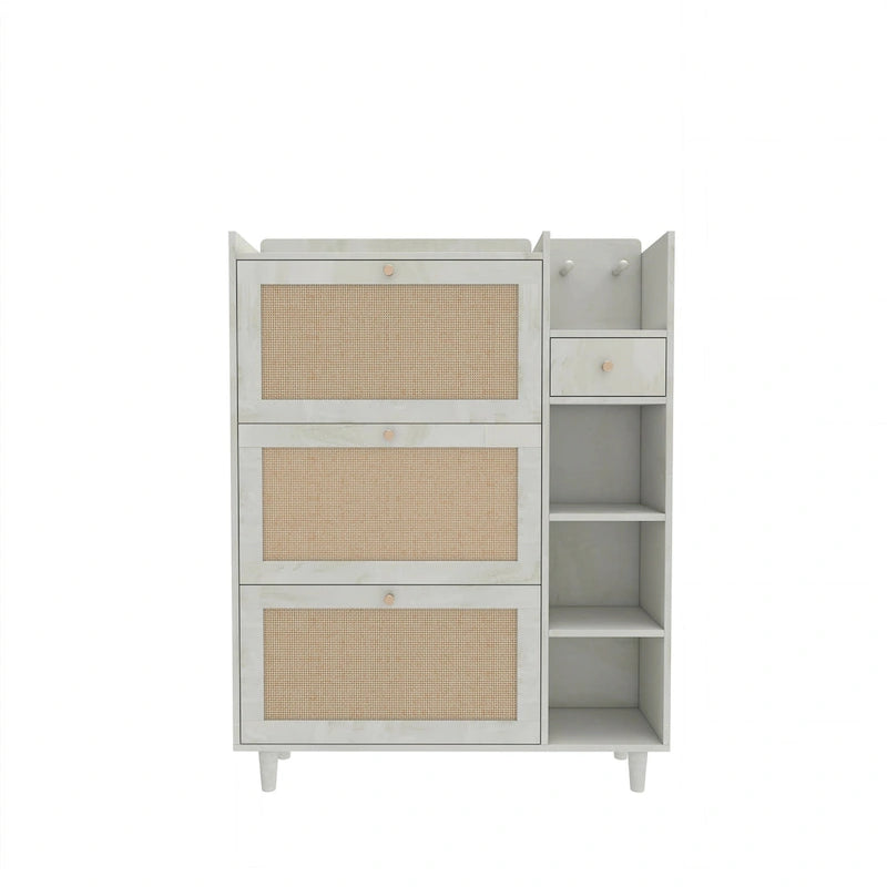 Meuble à chaussures style, meuble de rangement à chaussures avec 3 tiroirs basculants en rotin, 3 étagères carrées et 1 tiroir de rangement