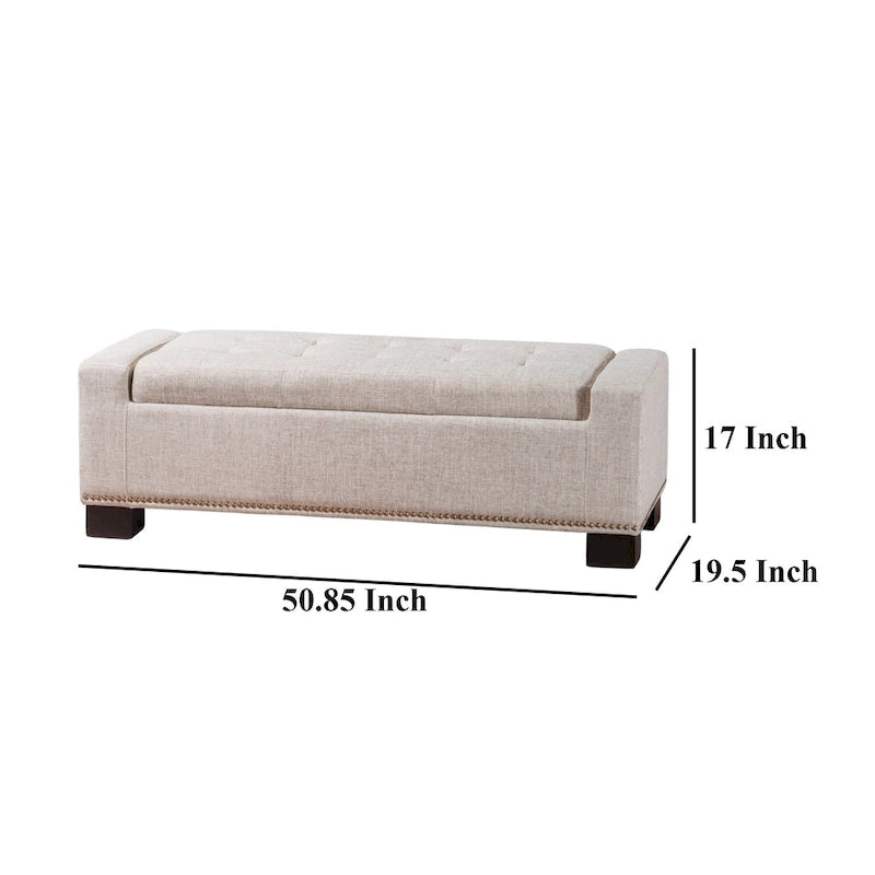 Banc de rangement ottoman, garniture cloutée, tissu blé, 51 pouces