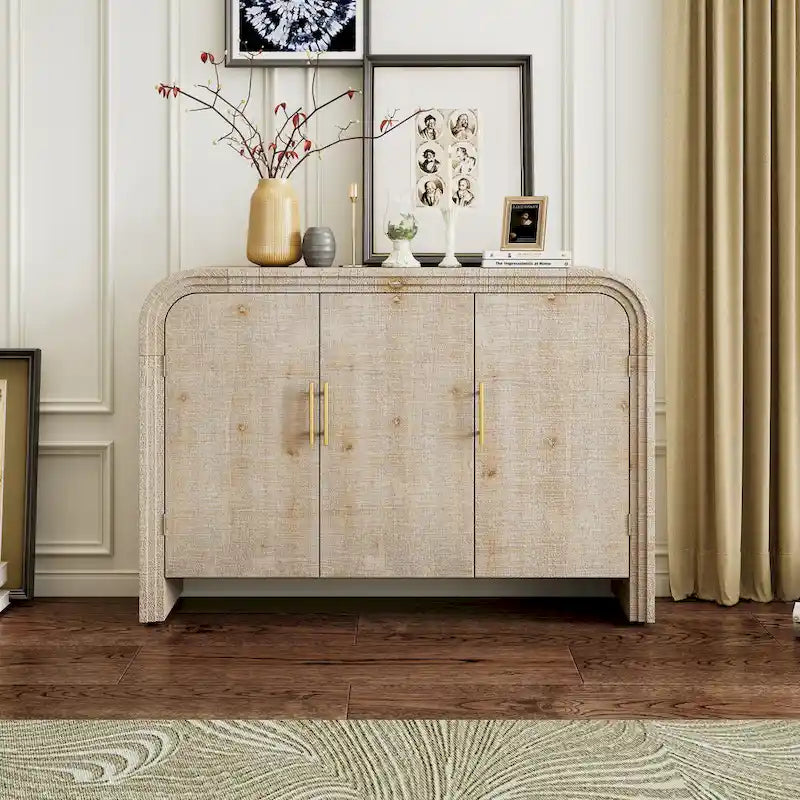 Meuble de rangement en bois à 4 portes, Buffet incurvé avec poignées dorées, Meuble de buffet avec étagères réglables
