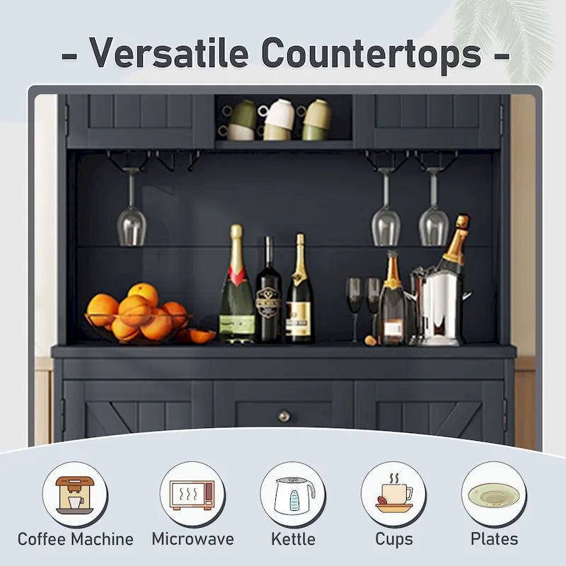 Meuble de bar à café avec tiroirs, garde-manger de cuisine autoportant avec étagères et armoires, buffet avec porte-verres