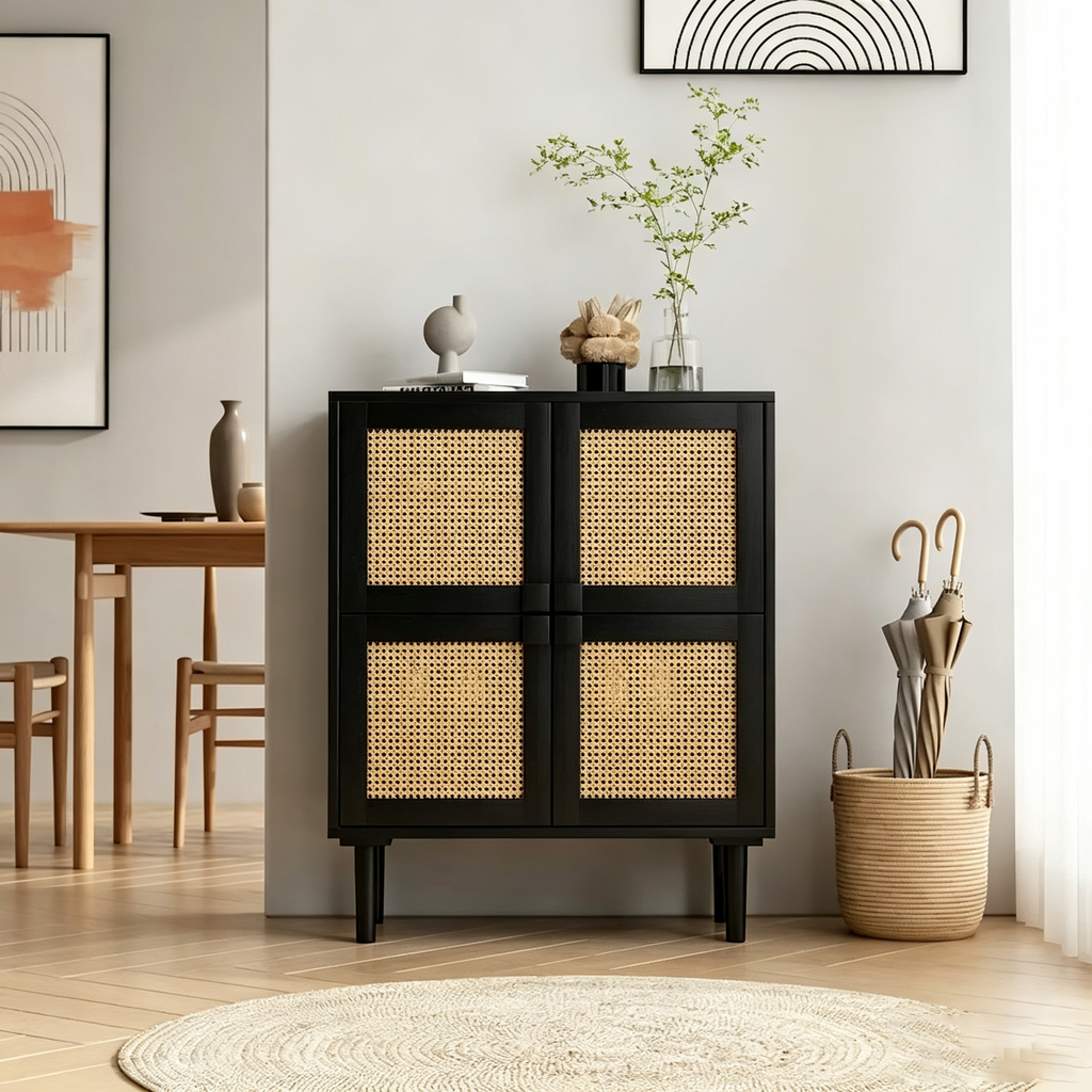 Meuble de rangement 4 portes en cannage de rotin