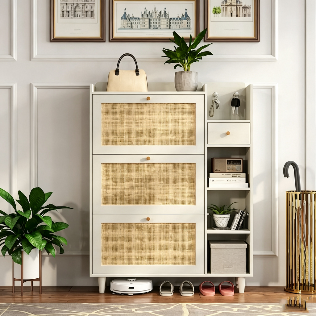 Meuble à chaussures style, meuble de rangement à chaussures avec 3 tiroirs basculants en rotin, 3 étagères carrées et 1 tiroir de rangement