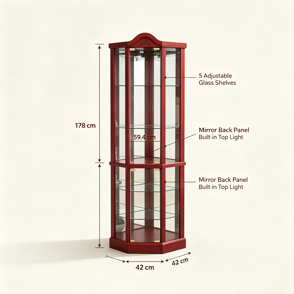 Vitrine d'angle éclairée en verre, avec meuble bar lumineux, cave à vin avec étagères en verre réglables et décorations sculptées