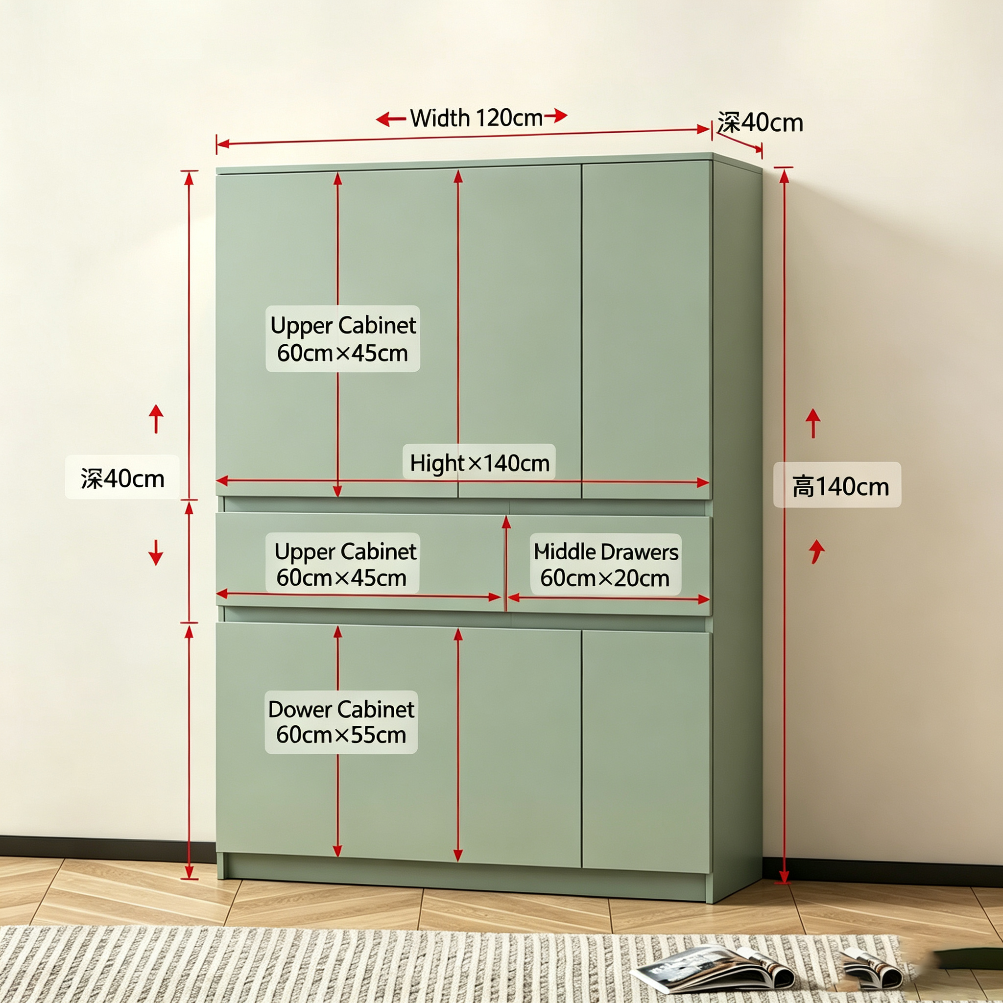 Armoire de rangement verte en bois avec 4 portes et 2 tiroirs