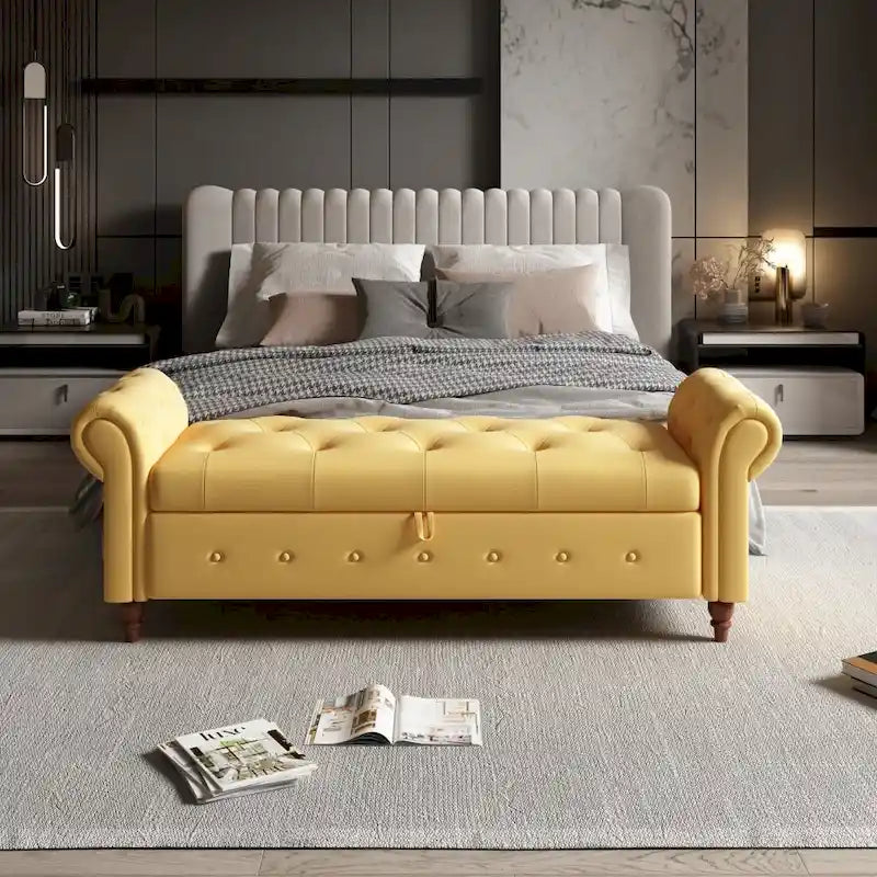 Banc de rangement de lit en tissu jaune de 160 cm de long
