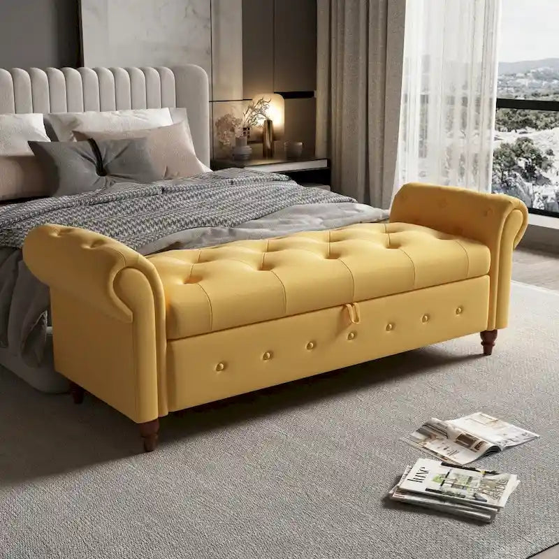 63 in. L Yellow Fabric Bed Storage Bench