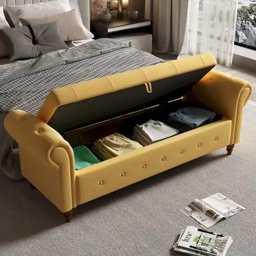 Banc de rangement de lit en tissu jaune de 160 cm de long
