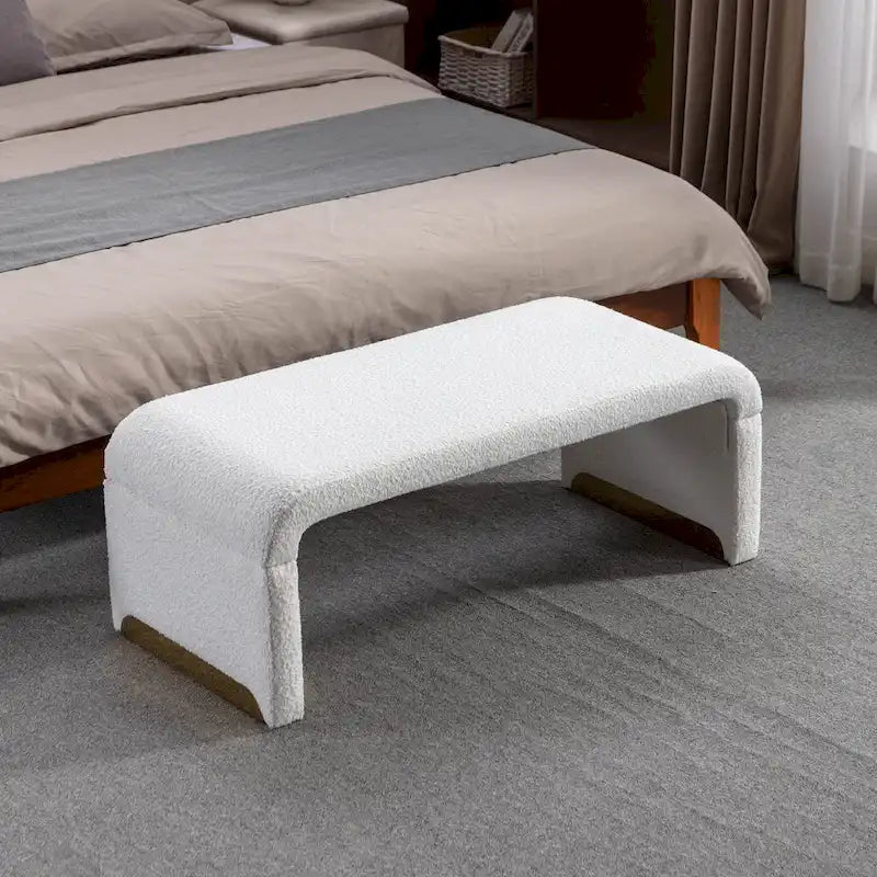 New Boucle Fabric Ottoman Footstool Bedroom Bench Shoe Bench With Gold Metal Legs