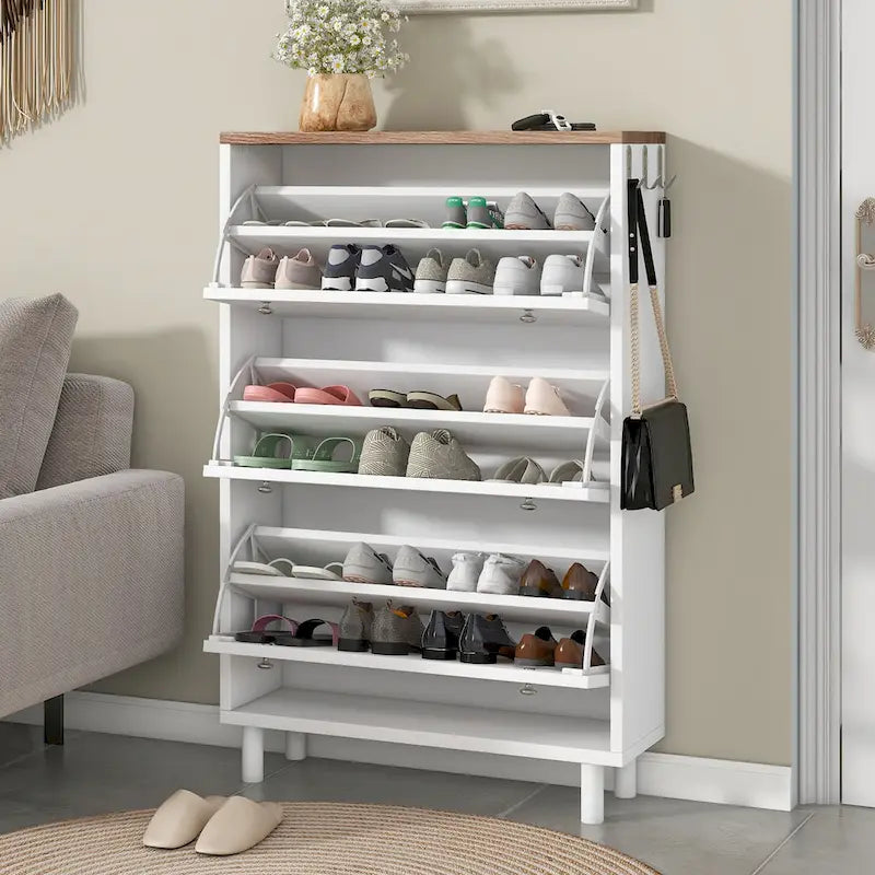 Meuble à chaussures avec 3 tiroirs basculants, motif grain de bois avec 3 crochets, étagère à chaussures autoportante avec panneau réglable