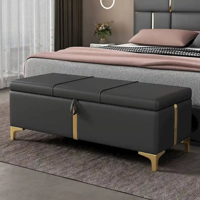 Banc de rangement rembourré en PU avec pieds en métal entièrement assemblés