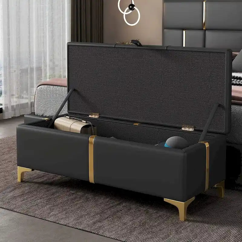 Banc de rangement rembourré en PU avec pieds en métal entièrement assemblés