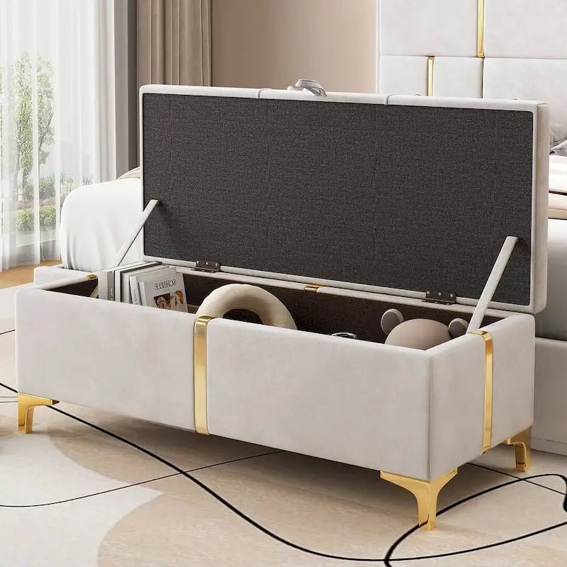 Banc de rangement rembourré en PU avec pieds en métal entièrement assemblés