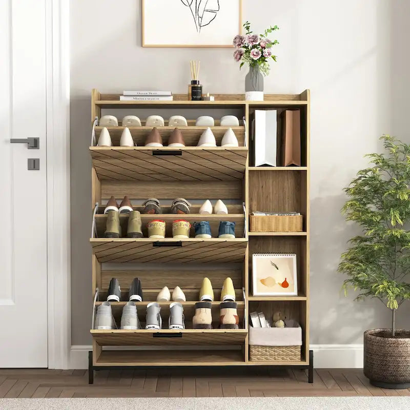 Meuble à chaussures avec 3 tiroirs basculants et étagères ouvertes, meuble de rangement de chaussures d'entrée moderne mince et étroit, range-chaussures caché
