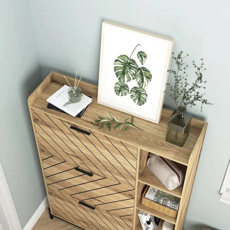 Meuble à chaussures avec 3 tiroirs basculants et étagères ouvertes, meuble de rangement de chaussures d'entrée moderne mince et étroit, range-chaussures caché