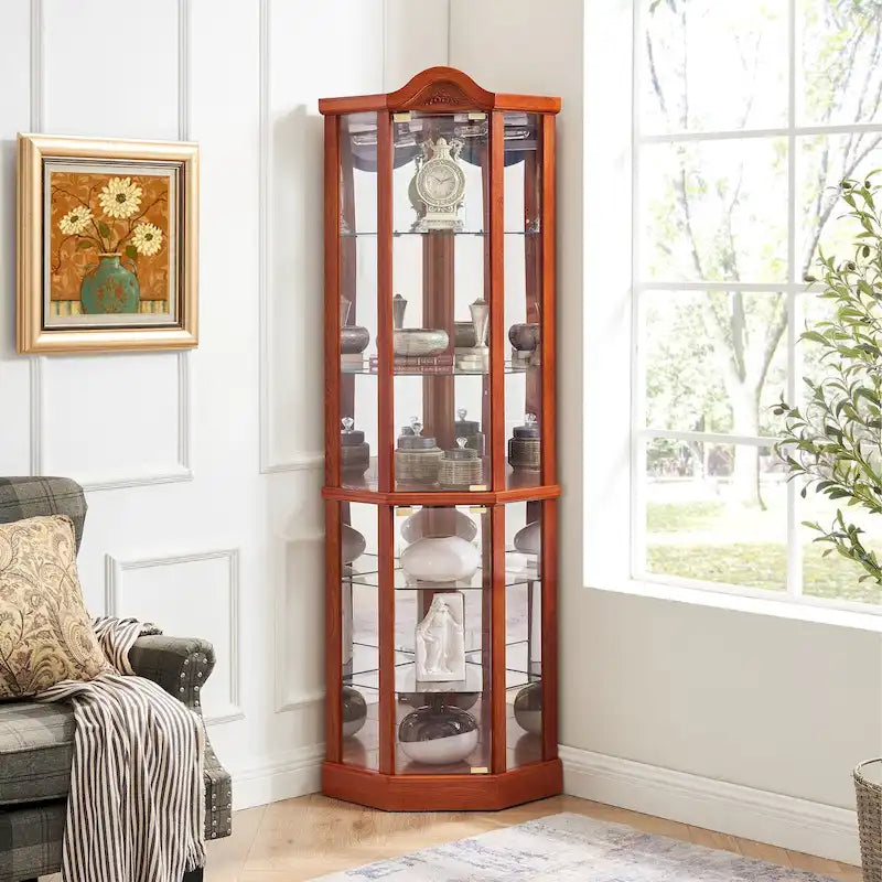 Vitrine d'angle éclairée en verre, avec meuble bar lumineux, cave à vin avec étagères en verre réglables et décorations sculptées