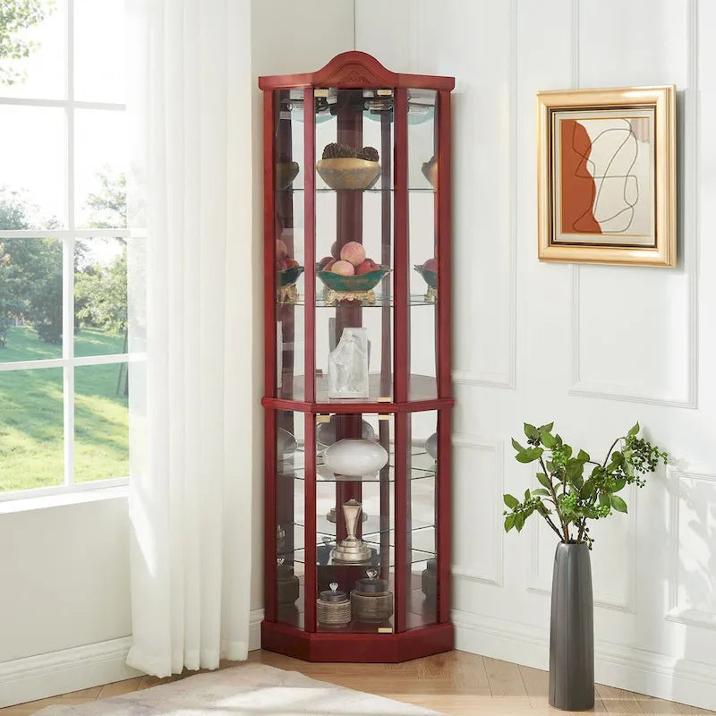 Glass Lighted Corner Display Curio Cabinet, With Light Bar Cabinet,Wine Cabinet with Adjustable Glass Shelves Carved Decoration