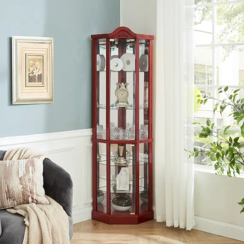 Vitrine d'angle éclairée en verre, avec meuble bar lumineux, cave à vin avec étagères en verre réglables et décorations sculptées