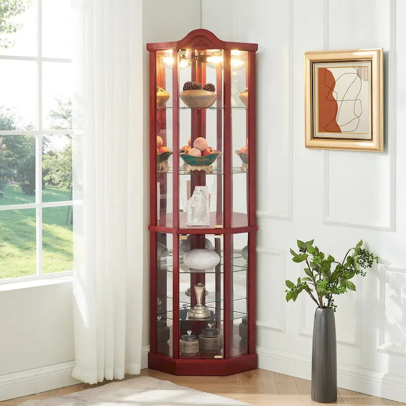 Vitrine d'angle éclairée en verre, avec meuble bar lumineux, cave à vin avec étagères en verre réglables et décorations sculptées