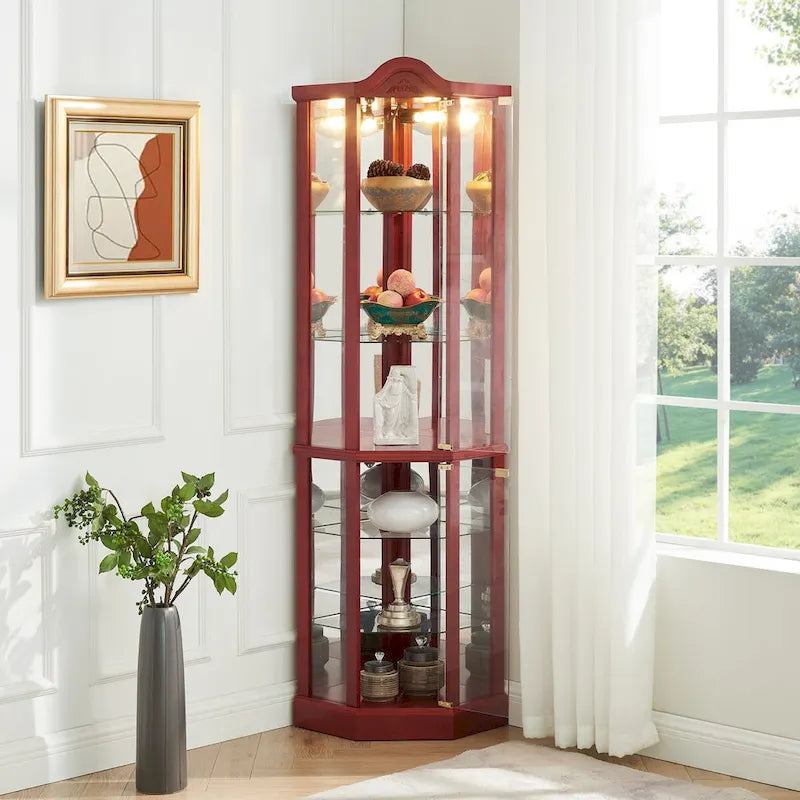 Vitrine d'angle éclairée en verre, avec meuble bar lumineux, cave à vin avec étagères en verre réglables et décorations sculptées