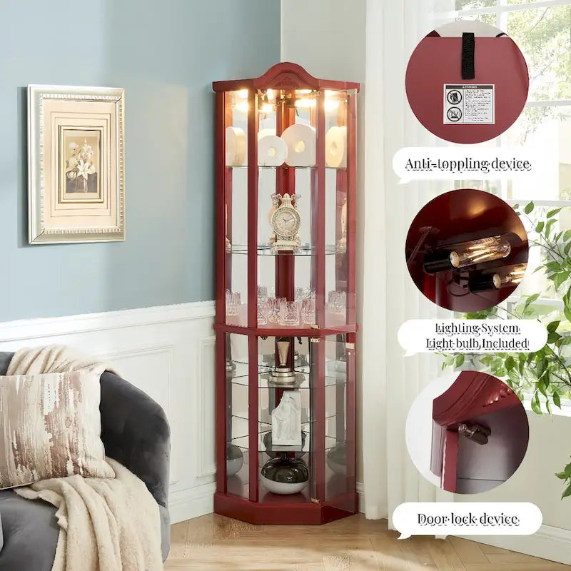 Vitrine d'angle éclairée en verre, avec meuble bar lumineux, cave à vin avec étagères en verre réglables et décorations sculptées