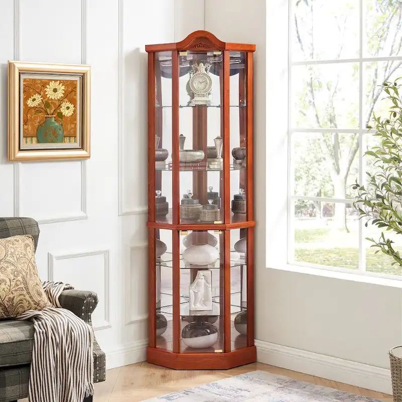 Vitrine d'angle éclairée en verre, avec meuble bar lumineux, cave à vin avec étagères en verre réglables et décorations sculptées