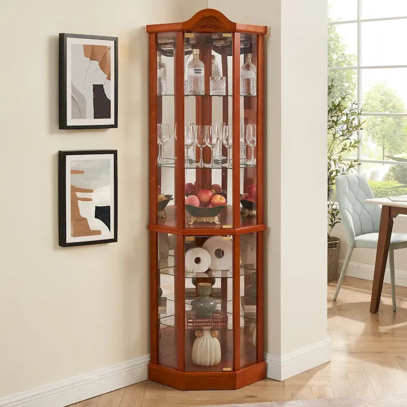 Vitrine d'angle éclairée en verre, avec meuble bar lumineux, cave à vin avec étagères en verre réglables et décorations sculptées