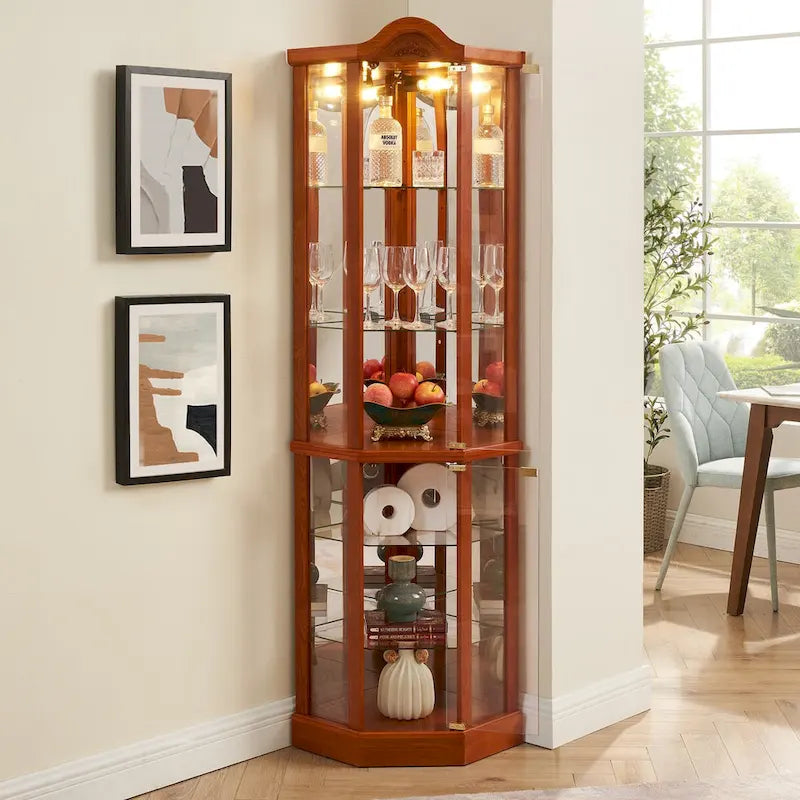 Vitrine d'angle éclairée en verre, avec meuble bar lumineux, cave à vin avec étagères en verre réglables et décorations sculptées