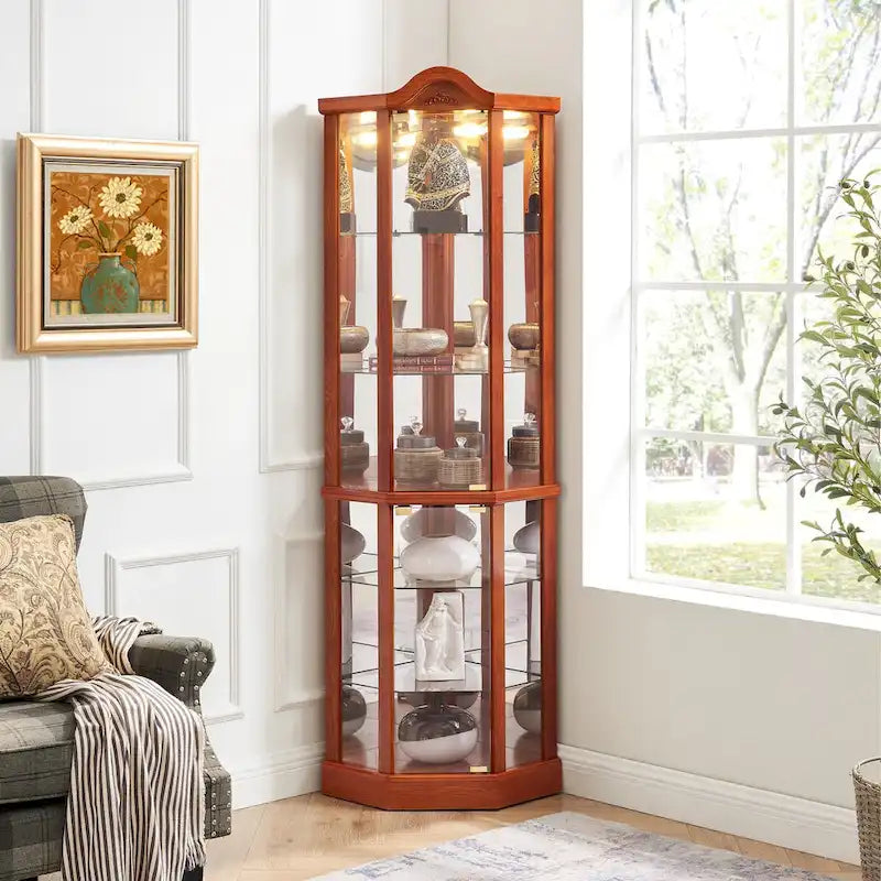 Vitrine d'angle éclairée en verre, avec meuble bar lumineux, cave à vin avec étagères en verre réglables et décorations sculptées