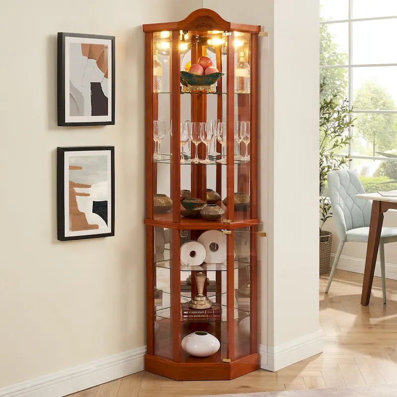 Vitrine d'angle éclairée en verre, avec meuble bar lumineux, cave à vin avec étagères en verre réglables et décorations sculptées