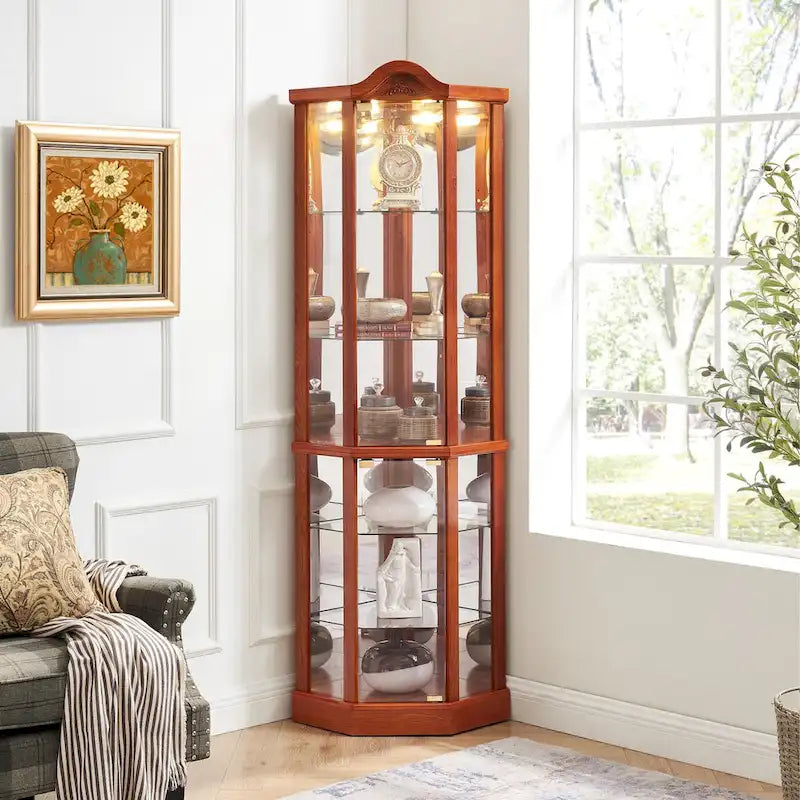 Vitrine d'angle éclairée en verre, avec meuble bar lumineux, cave à vin avec étagères en verre réglables et décorations sculptées