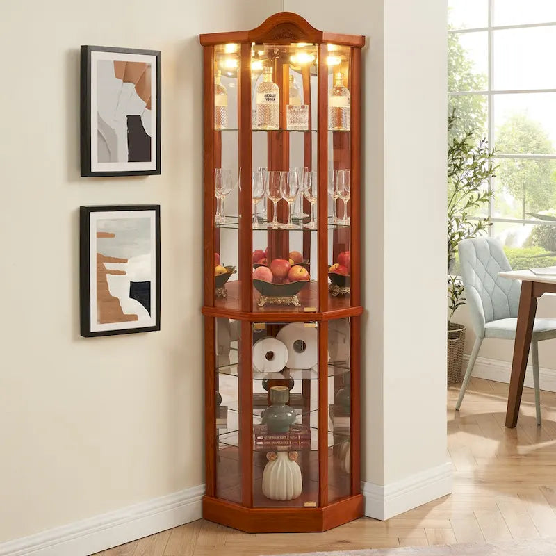 Vitrine d'angle éclairée en verre, avec meuble bar lumineux, cave à vin avec étagères en verre réglables et décorations sculptées
