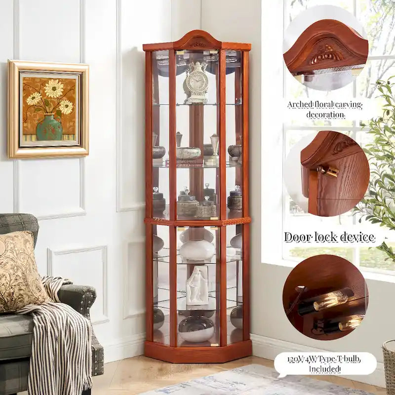 Vitrine d'angle éclairée en verre, avec meuble bar lumineux, cave à vin avec étagères en verre réglables et décorations sculptées