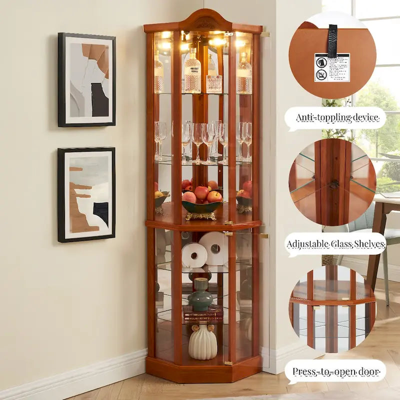 Vitrine d'angle éclairée en verre, avec meuble bar lumineux, cave à vin avec étagères en verre réglables et décorations sculptées