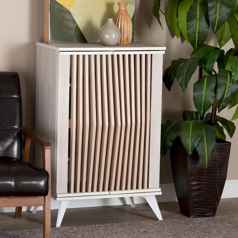 Armoire de rangement à 2 portes gris clair et bois marron de style transitionnel Mid-Century Modern