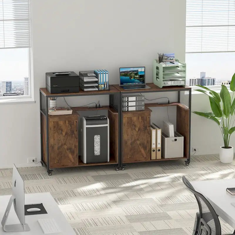 Support d'imprimante avec étagère de rangement, Classeurs de bureau latéraux avec prise et port de chargement USB