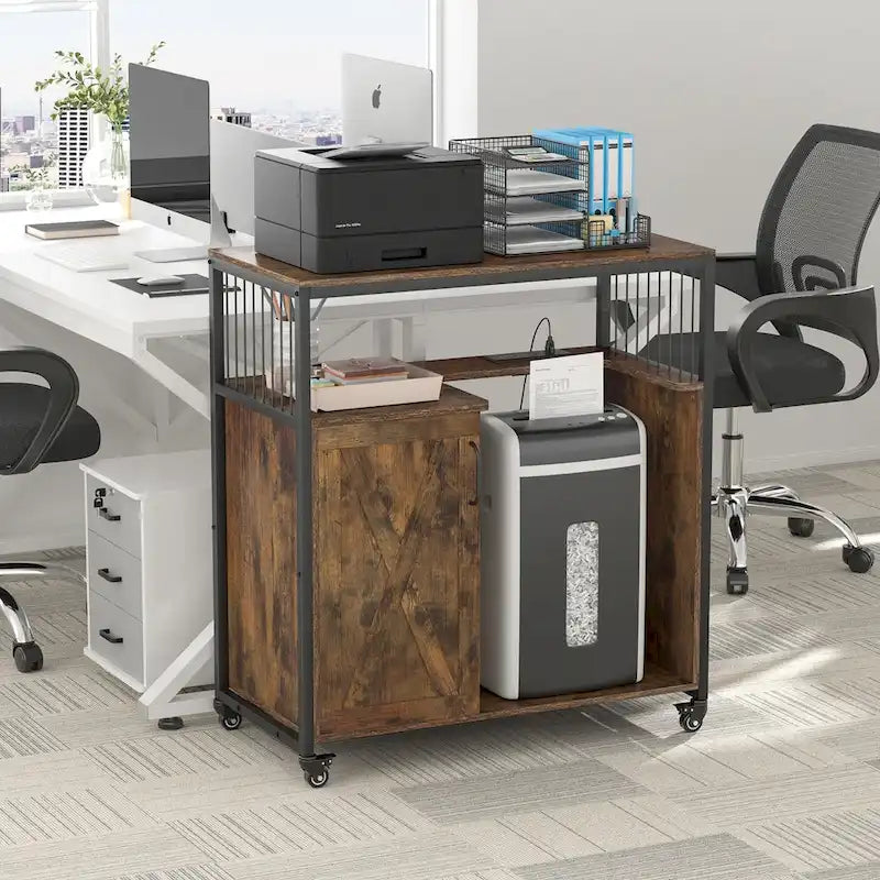 Support d'imprimante avec étagère de rangement, Classeurs de bureau latéraux avec prise et port de chargement USB
