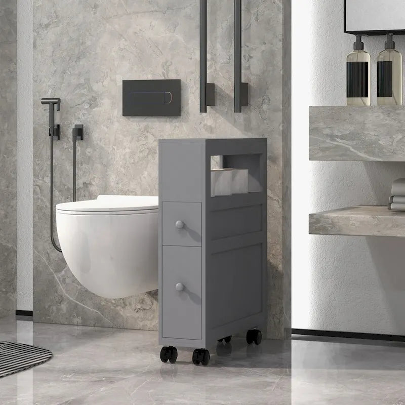 Meuble de rangement étroit en bois à roulettes pour salle de bain