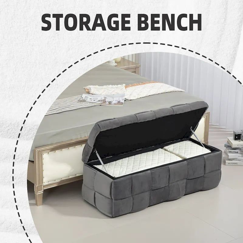 Banc de rangement ottoman, Banc de bout de lit de chambre à coucher, Banc de rangement ottoman en tissu rembourré avec charnière de sécurité, Repose-pieds rembourré d'entrée