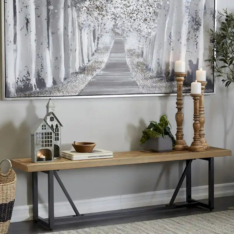 Banc en bois avec piètement en métal noir - Marron